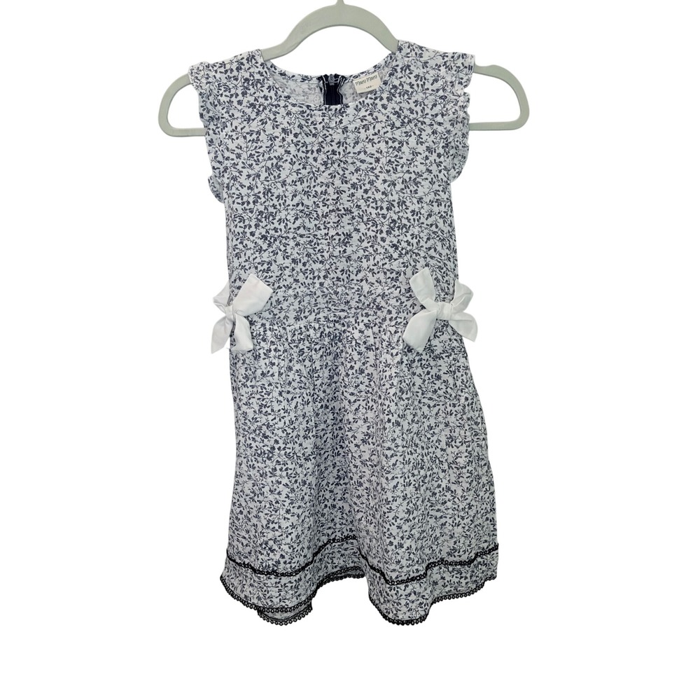 Maru Maru Floral Dress Kids 9/10 White Excellent Cotton Bow Flutter Sleeve Lace